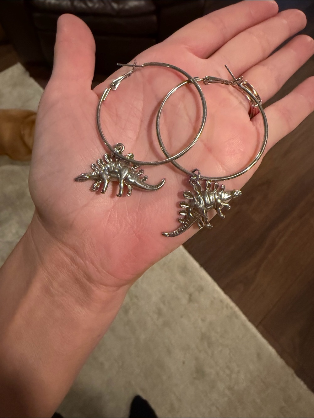 Silver Dinosaur Hoop Earrings - Cute Stegosaurus Charm